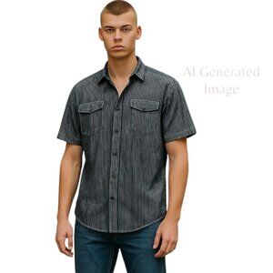Route Sixty Six  Black White Stripe Front Pockets Short Sleeve Button Shirt Sz L